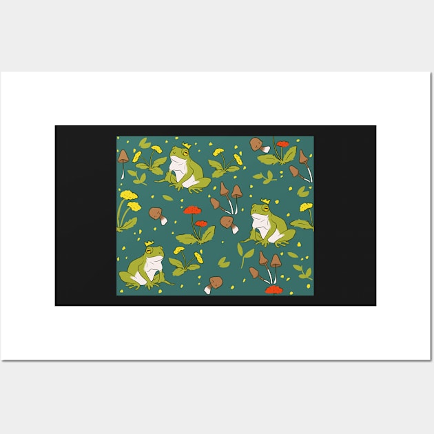 Cottagecore frogs and mushrooms and flowers on peacock green Wall Art by FrostedSoSweet